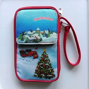Fabric Wristlet Wallet Winter Christmas Scene Zip Around Red Snow Tree 7" x 4"